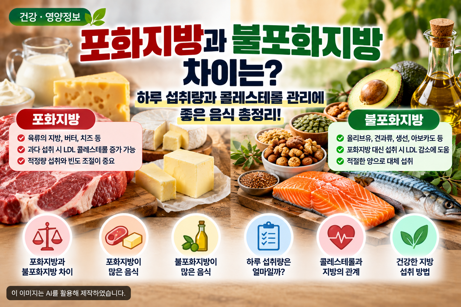포화지방과 불포화지방 차이, 하루 섭취량과 포화지방·불포화지방이 많은 음식 및 콜레스테롤 관리 방법