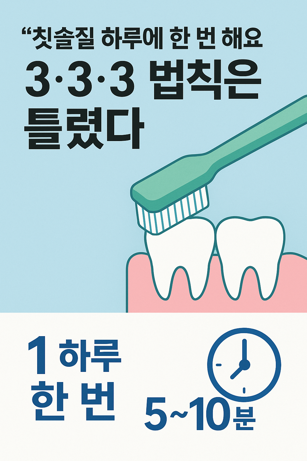 3&middot;3&middot;3 양치법이 틀렸다는 내용을 강조하며 &lsquo;하루 한 번 5~10분 양치&rsquo;를 소개하는 건강 정보 썸네일