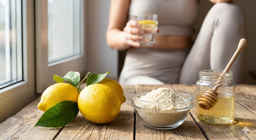 햇살이 비치는 창가 나무 테이블 위에 놓인 신선한 생레몬 3개, 유리볼에 담긴 고운 아몬드 가루, 그리고 꿀과 알룰로스가 담긴 병. 배경에는 건강한 식단을 즐기는 다이어터의 실루엣.