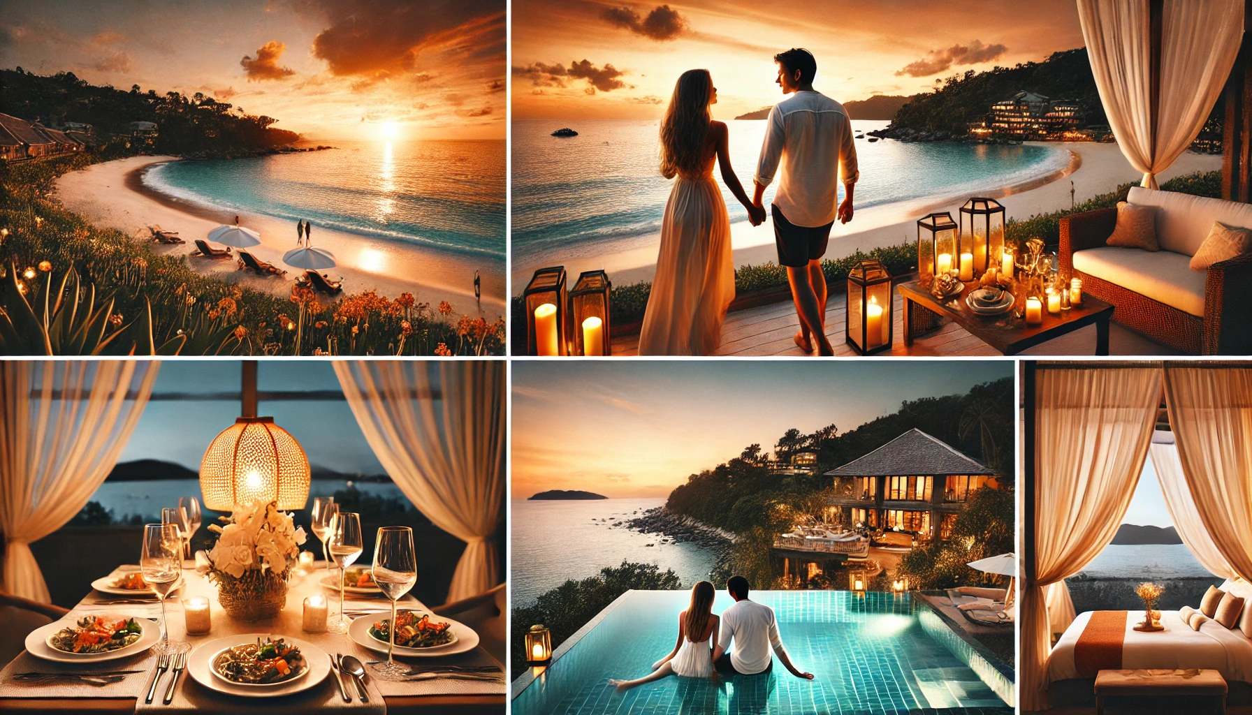 푸켓에서 커플이 로맨틱한 순간을 즐기는 모습 (선셋 뷰, 럭셔리 디너, 비치 산책 등)