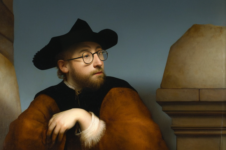 Stable Diffusion - photo of a young man&#44; wearing glasses&#44; sitting in museum&#44; sculptures&#44; by Rembrandt Harmenszoon van Rijn