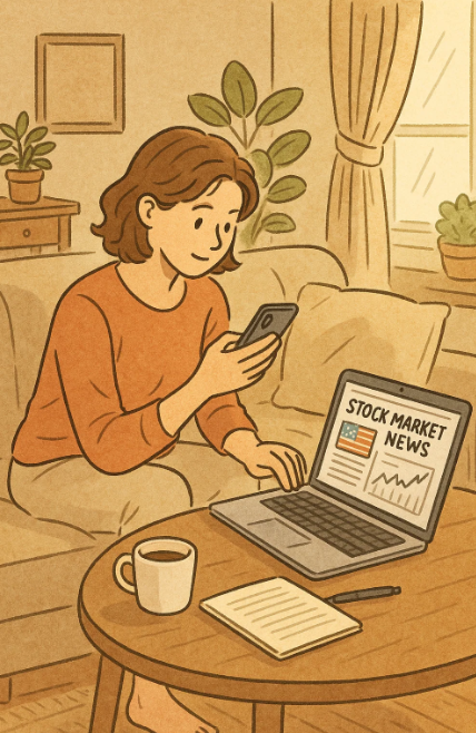 노트북으로 미국주식 정보를 찾아보는 초보 투자자의 일상적인 모습