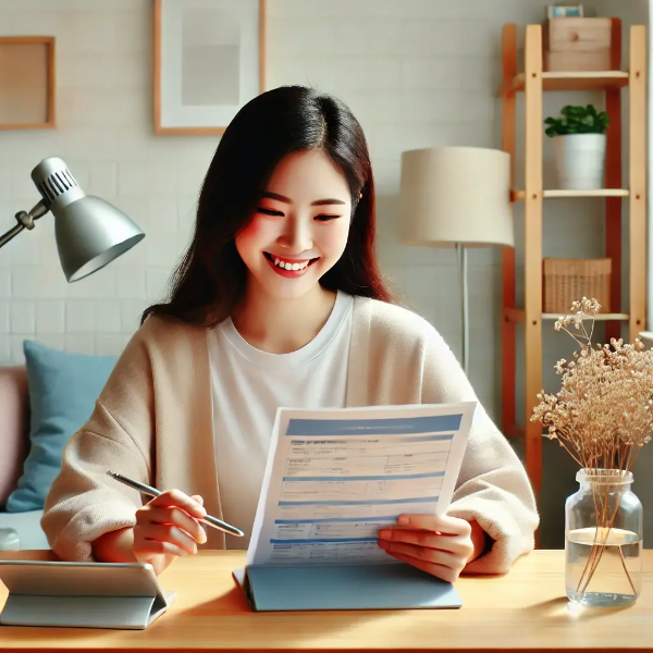 장려금 승인 알림을 보며 미소 짓는 동양인 여성