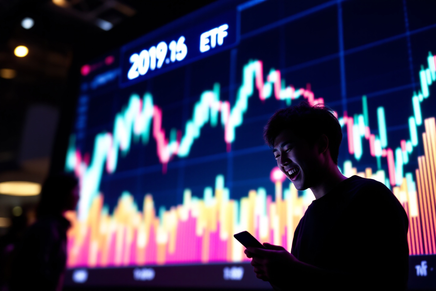 주식 그래프를 대형화면으로 보고 있는 남성