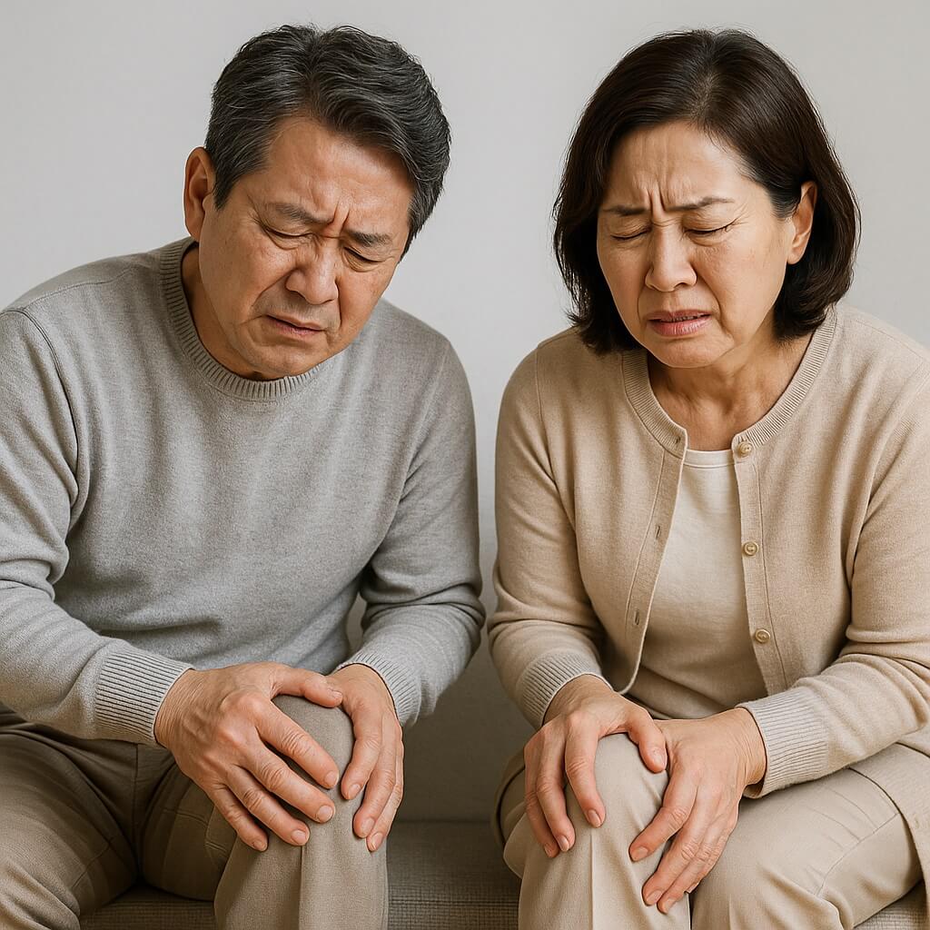퇴행성 관절염 초기 증상으로 무릎 통증을 호소하는 50대 중년 한국 남성과 여성이 소파에 앉아 무릎을 짚고 있는 모습