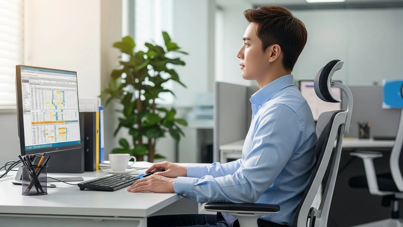 올바른 자세로 앉아 있는 직장인 남성