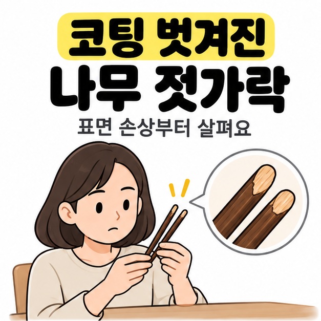 코팅 벗겨진 나무 젓가락 제목 아래에서 여성이 젓가락을 살펴보고 밝은 나무 바탕이 드러난 끝부분을 확대해 보여주는 그림