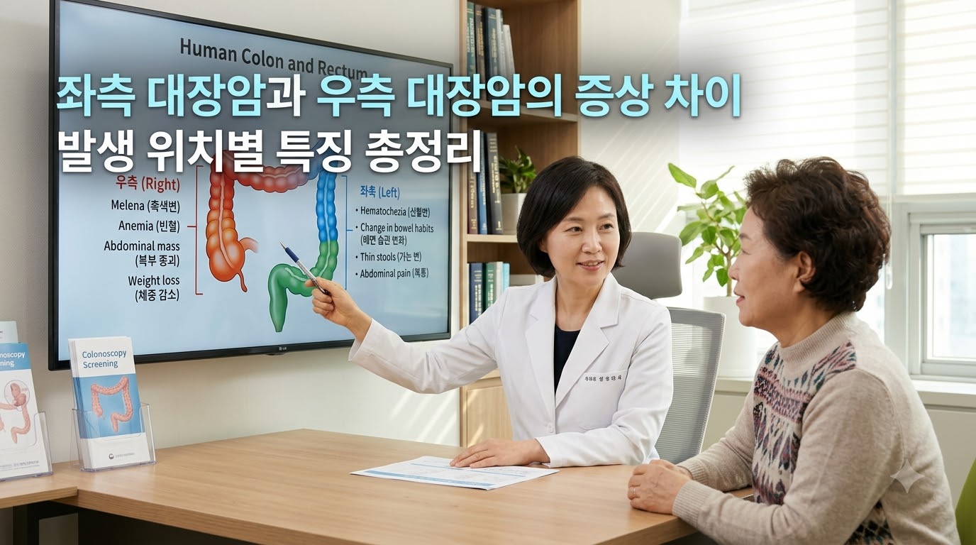 햇살이 은은하게 비치는 아늑하고 신뢰감 주는 진료실에서 의사와 환자가 밝고 차분한 표정으로 대장 해부학 차트를 보며 우측 대장암과 좌측 대장암의 증상 차이 및 발생 위치별 특징에 대해 이야기 나누고 있는 모습. '좌측 대장암과 우측 대장암의 증상 차이', '발생 위치별 특징 총정리'라는 문구가 적혀 있어, 위치별 대장암의 임상적 차이와 조기 검진의 중요성을 시각화함.