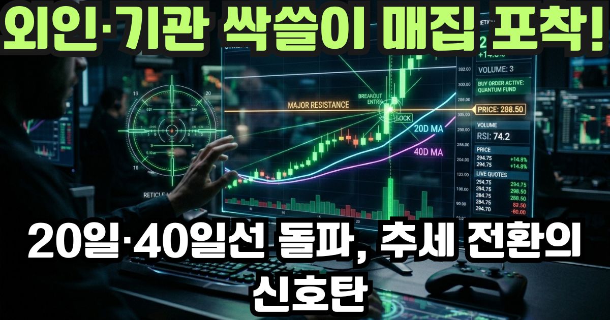외국인 기관 쌍끌이 순매수 및 주식 일봉 차트 20일 40일 이평선 돌파 타점 분석