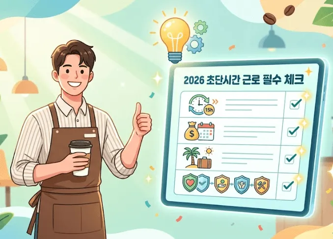 초단시간근로자: 따뜻한 카페를 배경으로 앞치마를 입은 남성 직원이 커피를 들고 엄지를 치켜세우며 웃고 있는 일러스트입니다. 그 옆에는 '2026 초단시간 근로 필수 체크'라고 적힌 태블릿 화면이 띄워져 있습니다. 화면 내부에는 주 15시간 미만 근로(15h), 주휴수당(돈주머니와 달력), 연차휴가(야자수와 가방), 4대보험(4개의 방패 아이콘)을 상징하는 이미지들이 체크리스트로 정리되어 있습니다. 초단시간근로자가 알아야 할 핵심 노무 정보를 직관적으로 시각화했습니다.