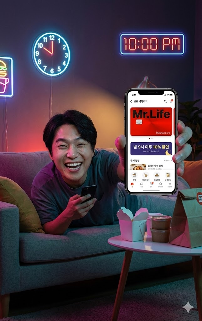 밤 10시에 스마트폰으로 배달 음식을 주문하며 할인 혜택을 받는 모습.