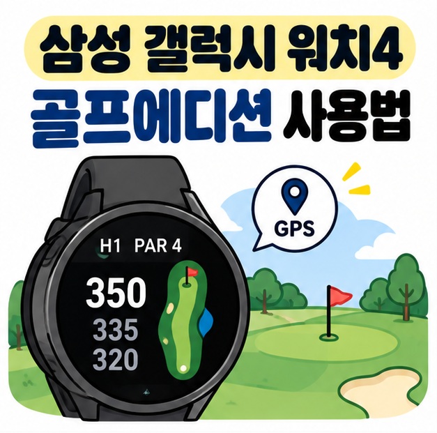 삼성 갤럭시 워치4 골프에디션 사용법 문구와 스마트워치, 골프장 그린, GPS 거리 표시 아이콘을 보여주는 대표 카드