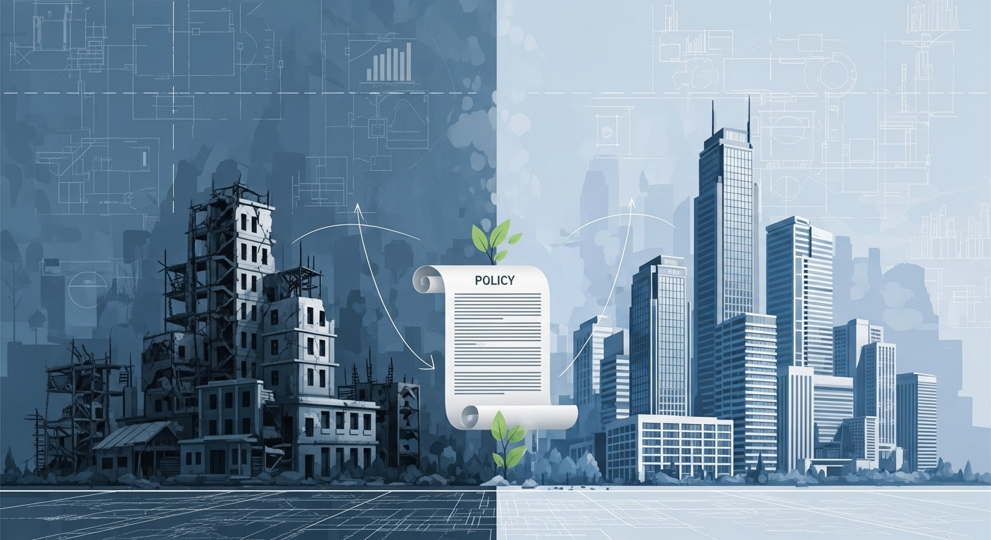 오래된 건물이 새 아파트로 변모하는 재건축/재개발 사업의 진행 과정을 추상적으로 표현한 이미지.