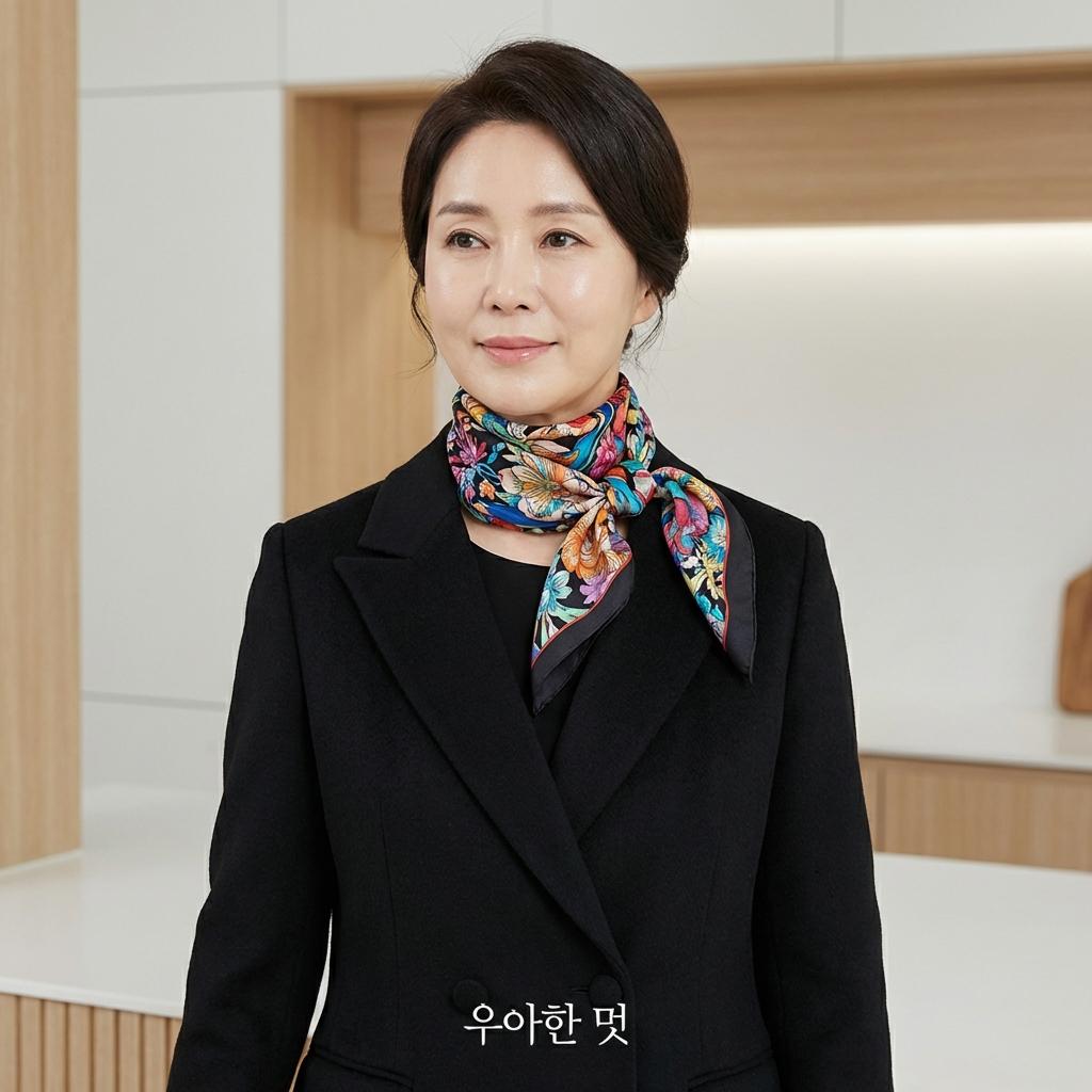 50대 블랙 자켓에 어울리는 화사한 스카프 매치