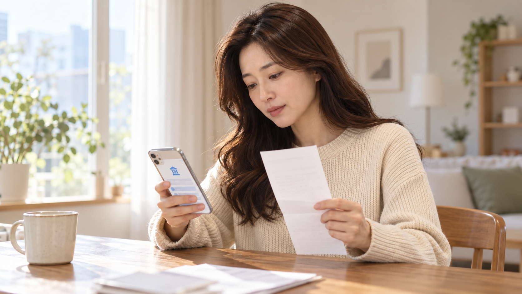 집에서 진료비 영수증을 보며 건강보험 급여&middot;비급여와 본인부담 항목을 확인하는 여성