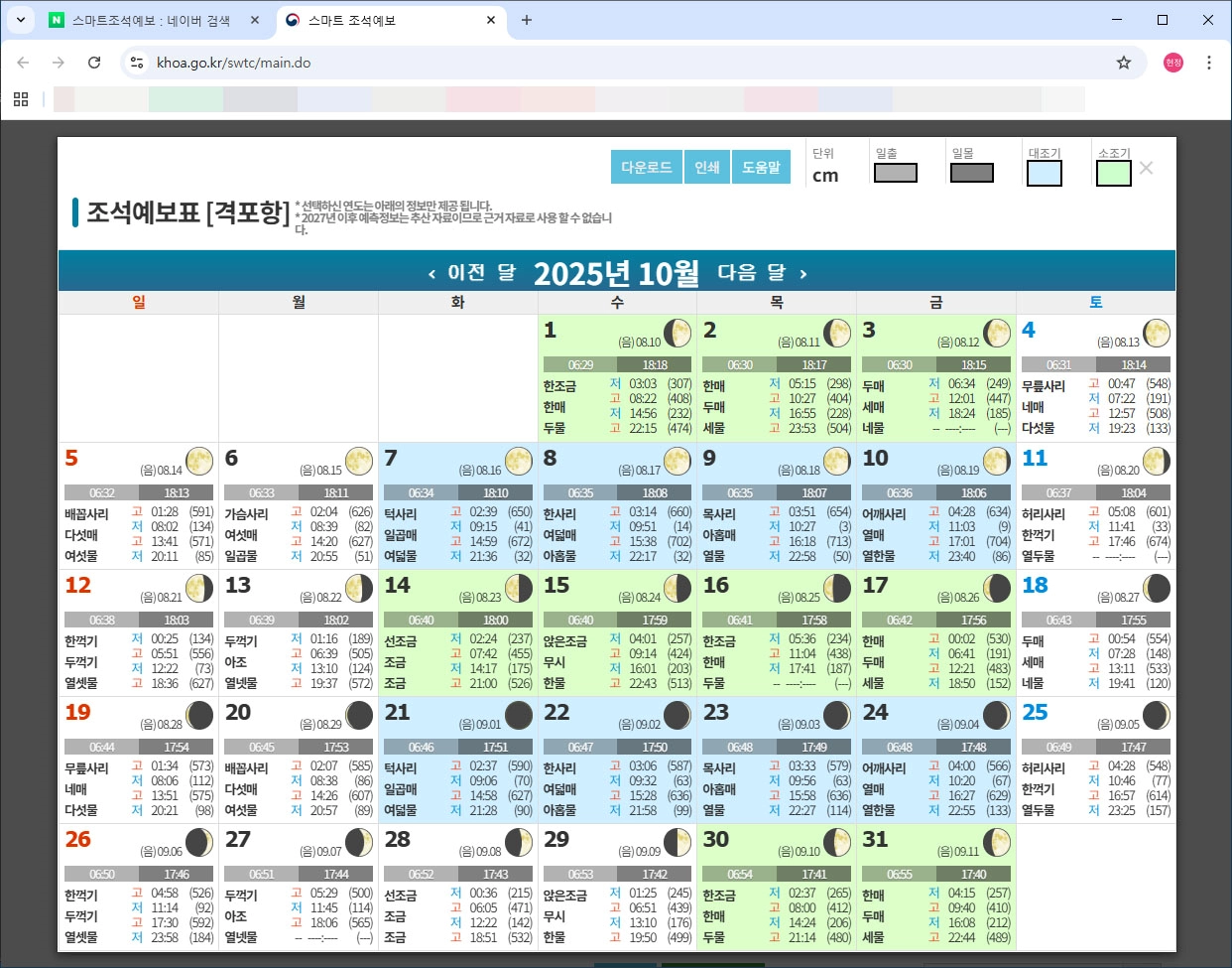 추석 연휴기간 10월 변산해수욕장 물때표