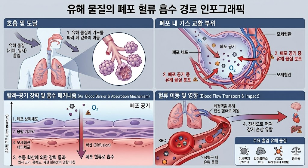 유해 물질의 폐포 혈류 흡수 경로 인포그래픽