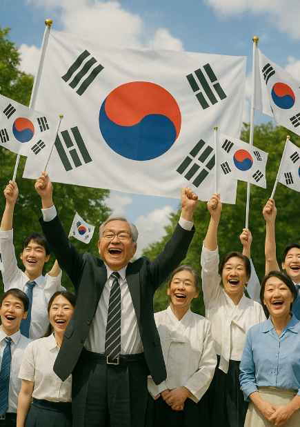 대한민국 광복절에 태극히 흔드는 모습의 사진입니다.