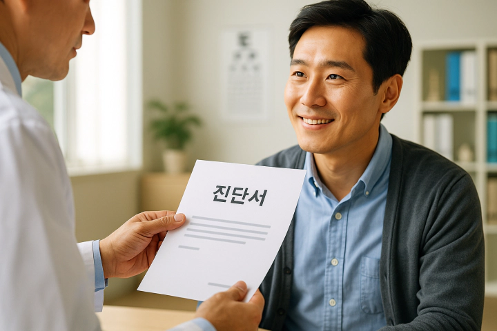 병원에서 진료 후 진단서를 받는 환자