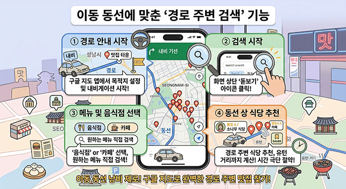 구글지도 맛집찾기 _이동 동선에 맞춘 '경로 주변 검색' 기능