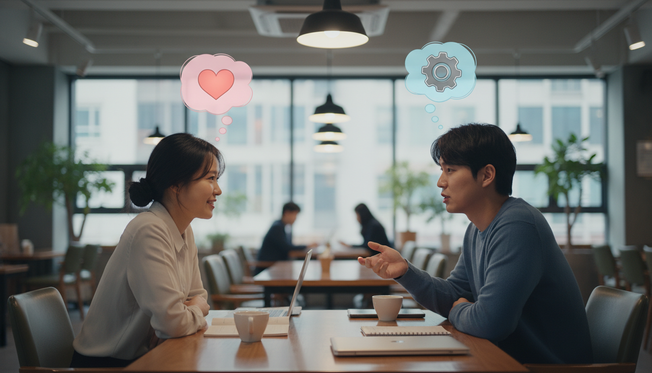 서로의 MBTI 유형을 이해하며 대화하는 두 한국인, 효과적인 소통 전략을 보여줌.