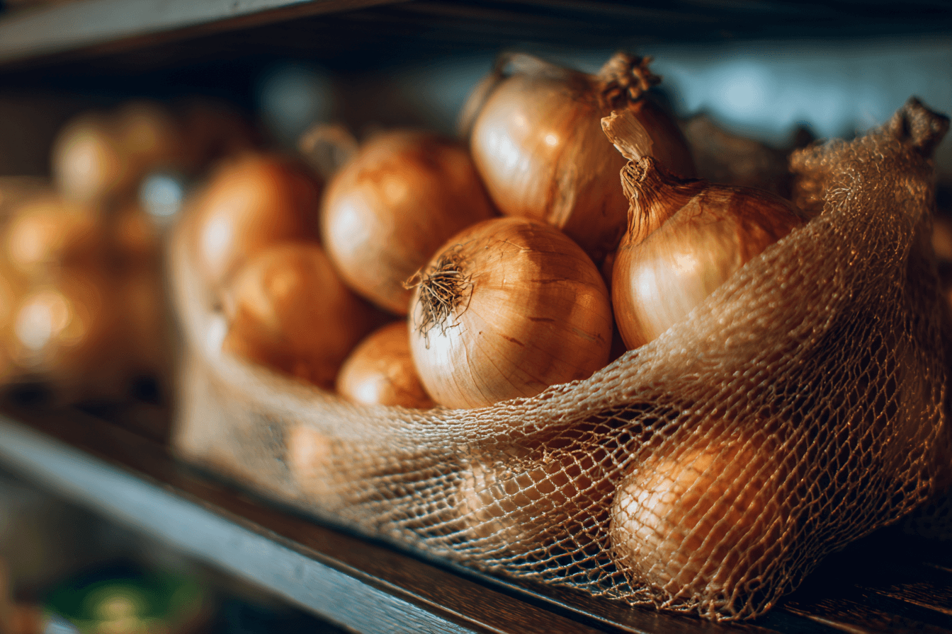망에-담겨-진열되어있는-양파들