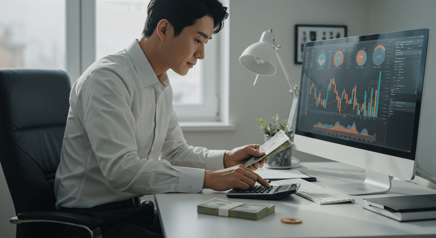 한국인이 환전과 세금 문제를 고민하며 달러와 계산기를 보는 모습 2