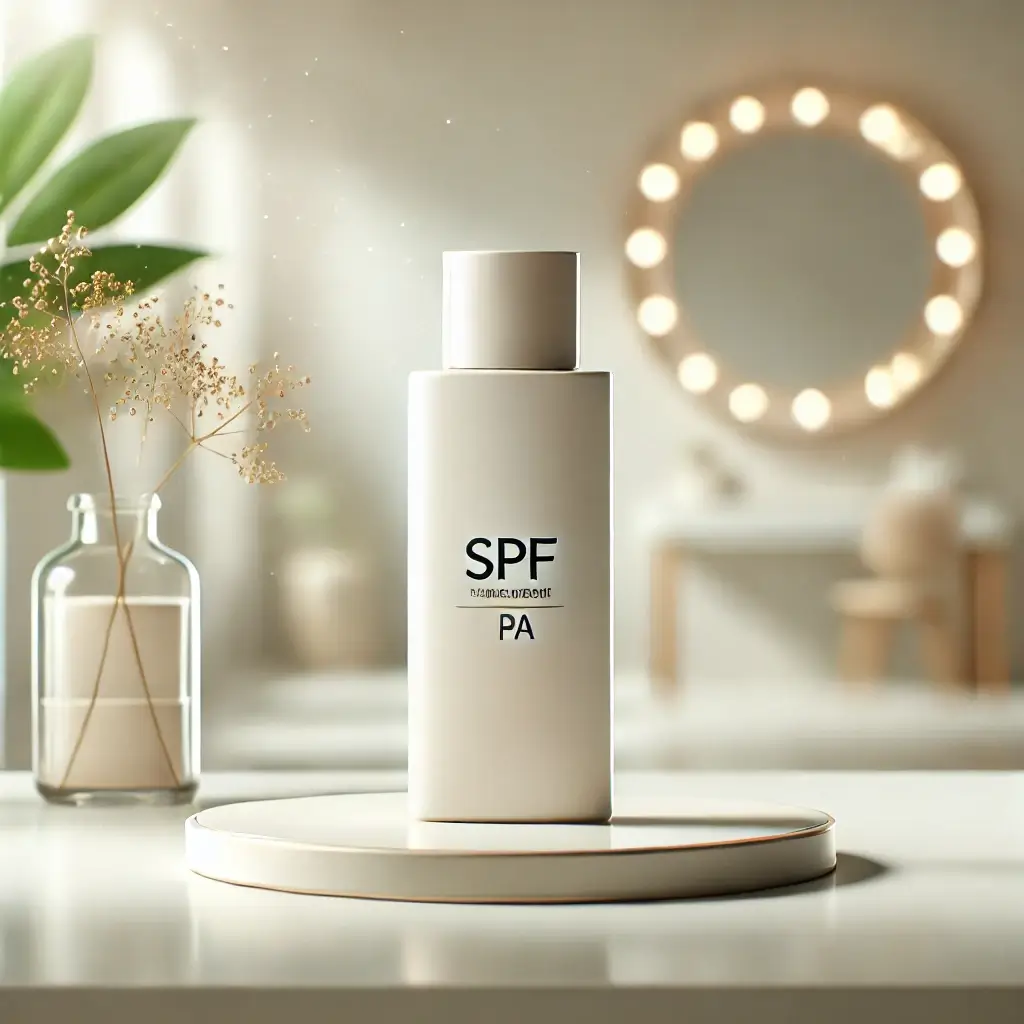 현대적인 흰색 테이블 위에 놓인 SPF와 PA 지수가 표시된 고품질 선크림 병