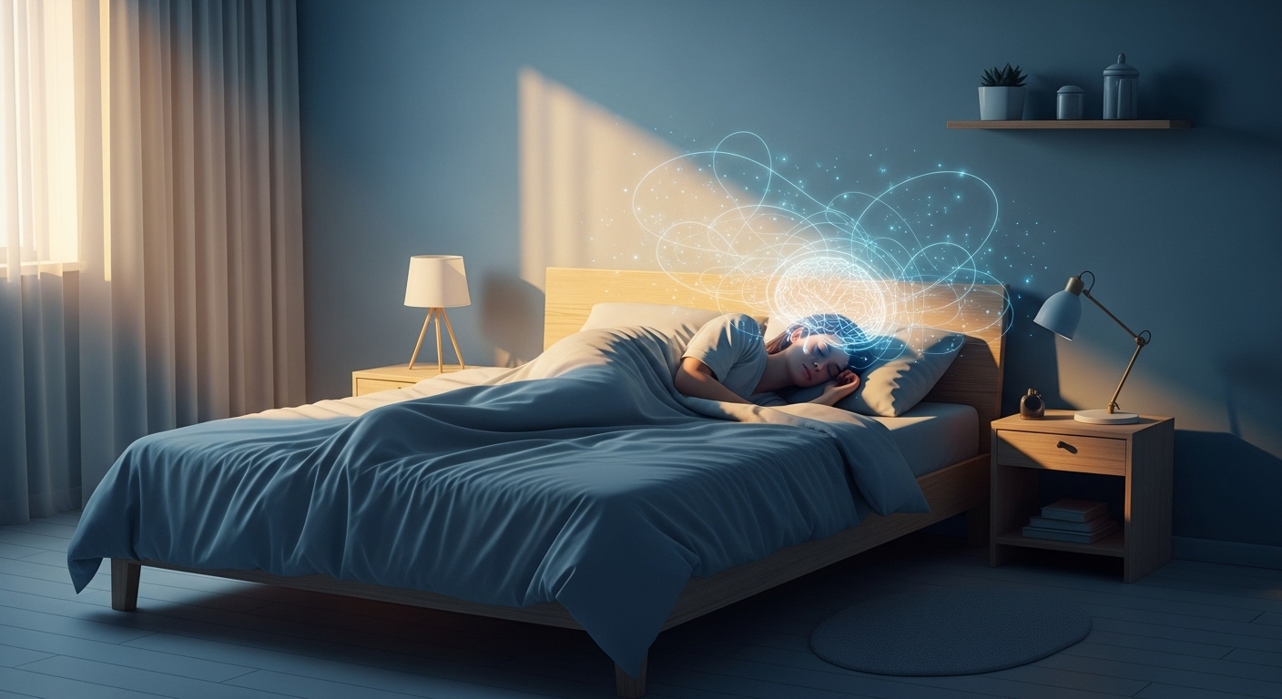 푸른색과 회색 톤의 편안하고 아늑한 침실에서 깊은 잠에 빠진 사람의 모습. 뇌 주변에 빛나는 신경 경로가 수면 중의 활발한 뇌 활동을 암시하며, 숙면의 중요성을 강조합니다.