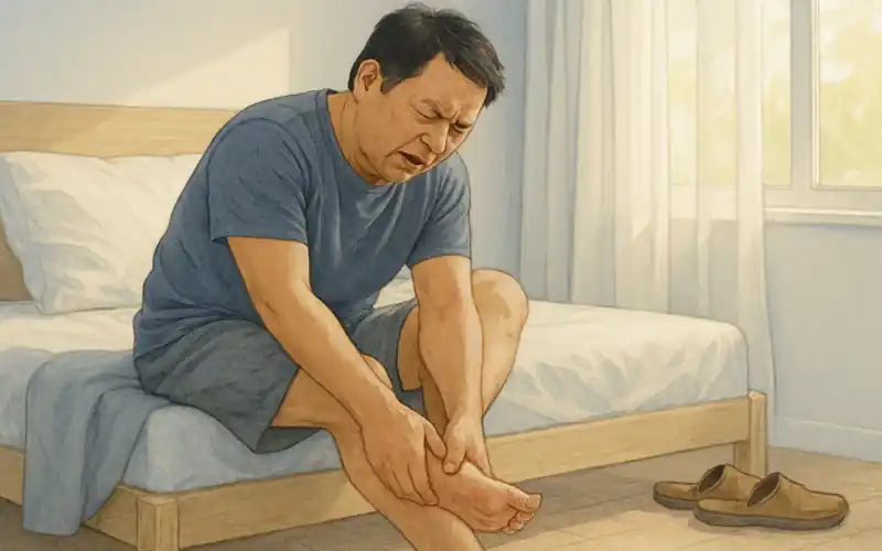 발바닥 통증으로 발꿈치를 눌러보는 40대 남성의 아침 모습