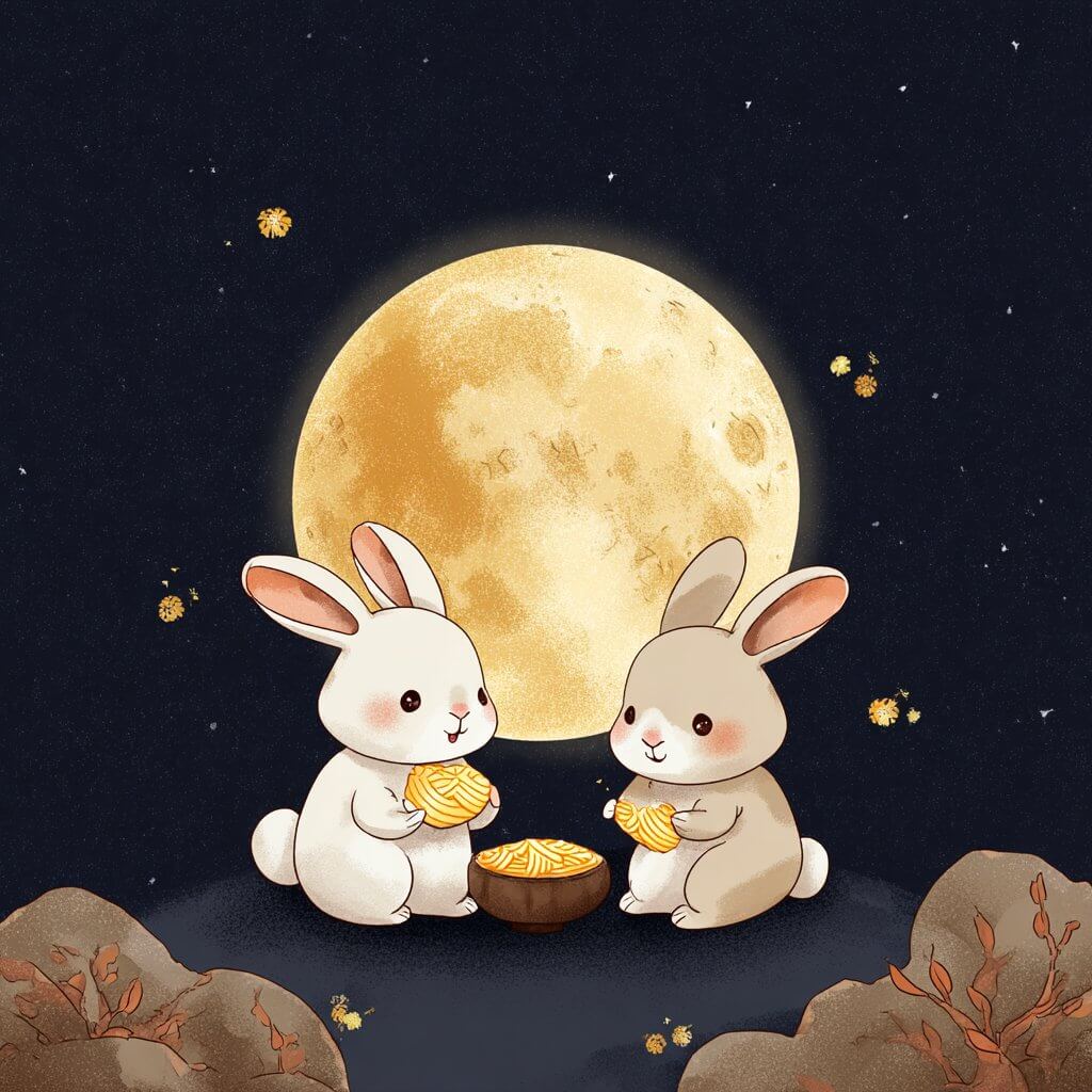 보름달 아래 송편을 나누는 토끼 캐릭터 그림