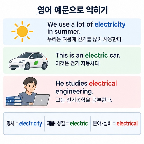 전기 영어 표현을 electricity와 electric, electrical로 구분해 실제 문장에 적용하는 예시 이미지