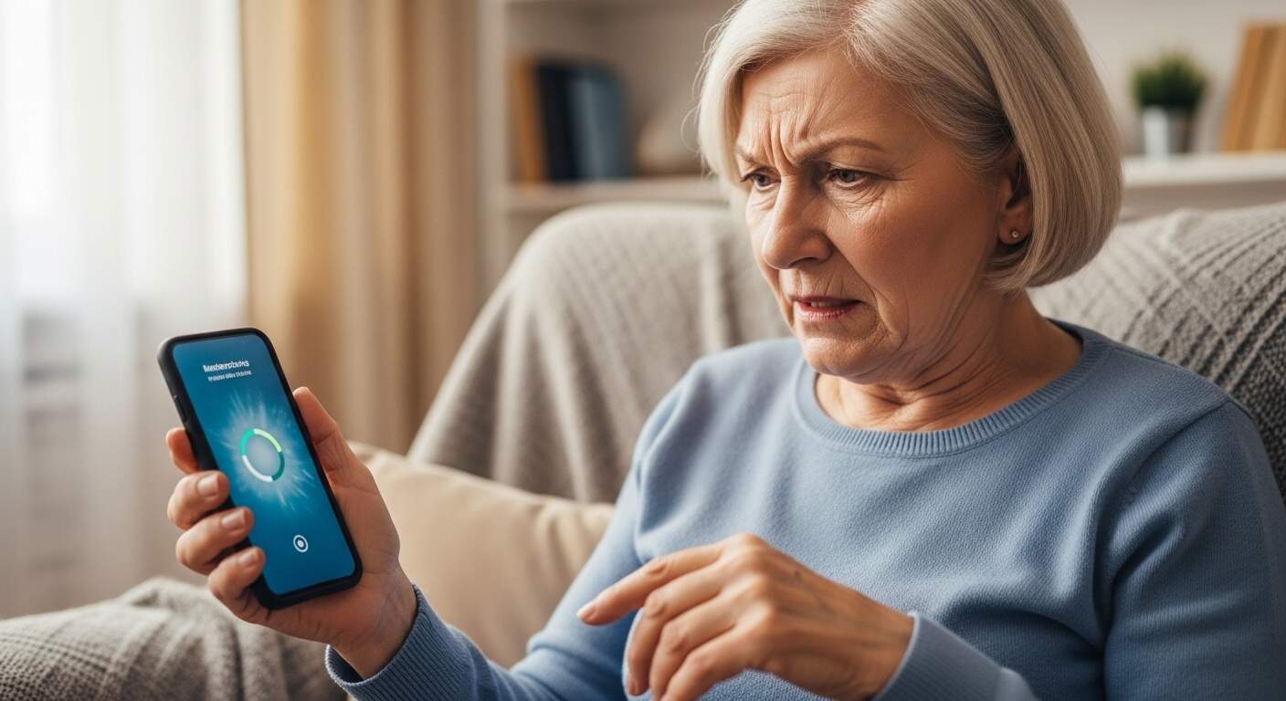 시니어가 스마트폰을 들고 화면 반응이 느려 답답해하는 모습