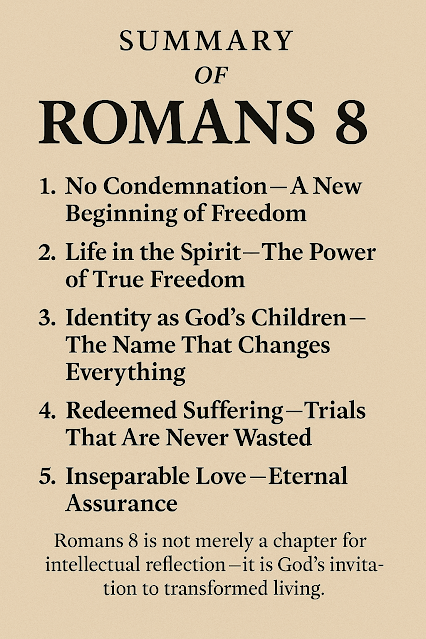 이 이미지는 성경 로마서 8장의 내용을 요약한 것이다. 정죄함이 없는 자유의 시작, 성령 안에서 누리는 참된 자유, 하나님의 자녀로서의 정체성이 주는 변화, 결코 헛되지 않은 고난의 의미, 끊을 수 없는 하나님의 사랑이라는 다섯 가지 핵심 주제가 순서대로 제시되어 있다. 이미지 하단에는 로마서 8장이 단지 지적인 사색을 위한 장이 아니라, 변화된 삶으로의 하나님의 초대임을 강조하는 문장이 적혀 있다.
