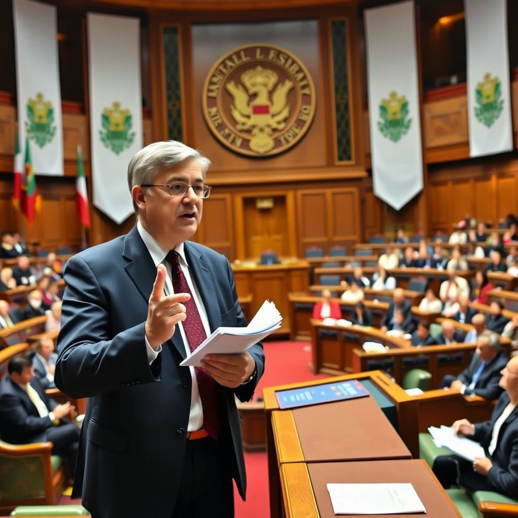 원내대표가 소속 정당의 입장을 대변하며 다른 정당과 협상하거나 의견을 개진하는 장면을 보여줍니다.