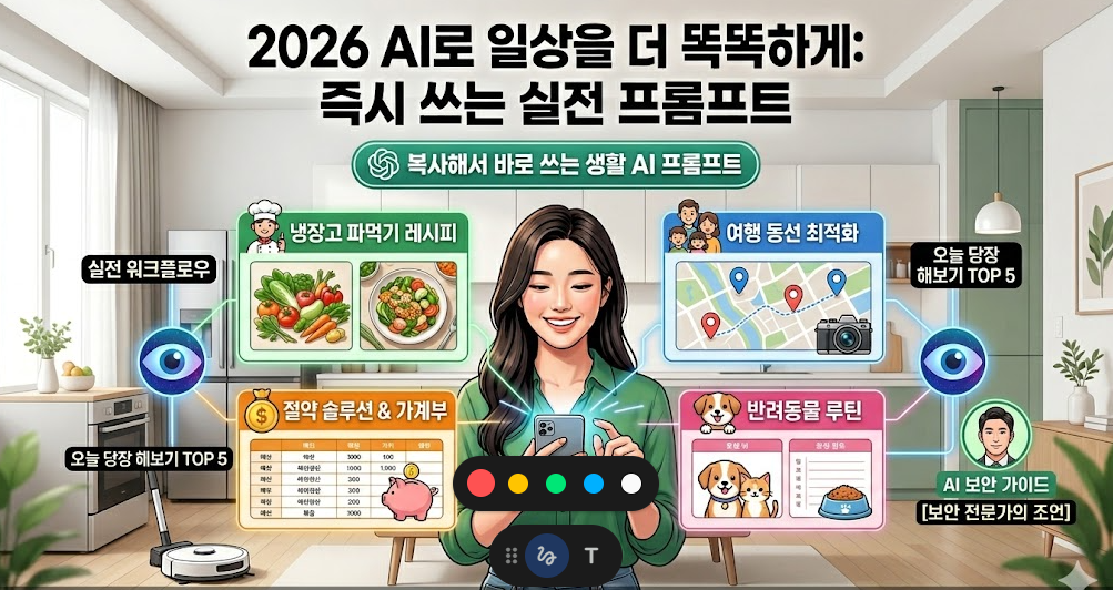 2026년 기준 생활 밀착형 AI 비서(ChatGPT, Gemini)가 냉장고 속 재료로 요리 레시피를 제안하고, 가족 여행 동선을 1분 만에 짜주며, 가계부 절약 솔루션을 제공하고, 반려동물 맞춤형 루틴을 만들어주는 등 일상을 편리하게 만드는 다양한 활용법과 실전 프롬프트를 시각적으로 표현한 블로그 포스팅 대표 이미지