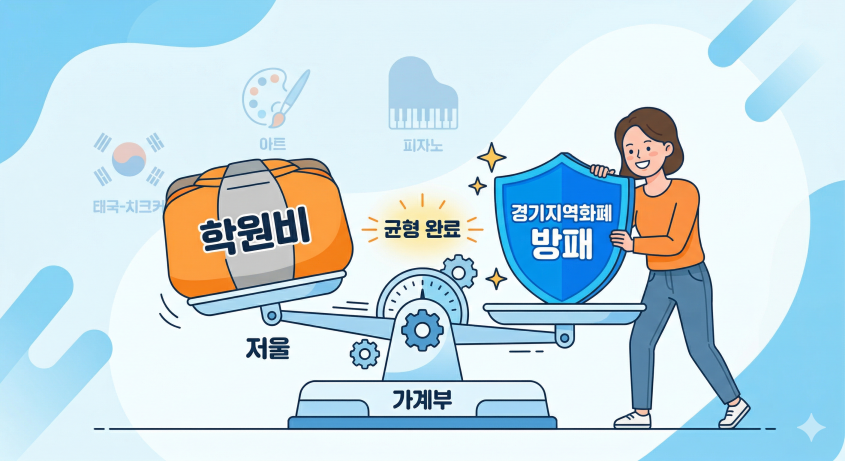 치솟는 유아 예체능 학원비 부담을 경기지역화폐 방패로 막아내는 가계부 절약 전략 일러스트