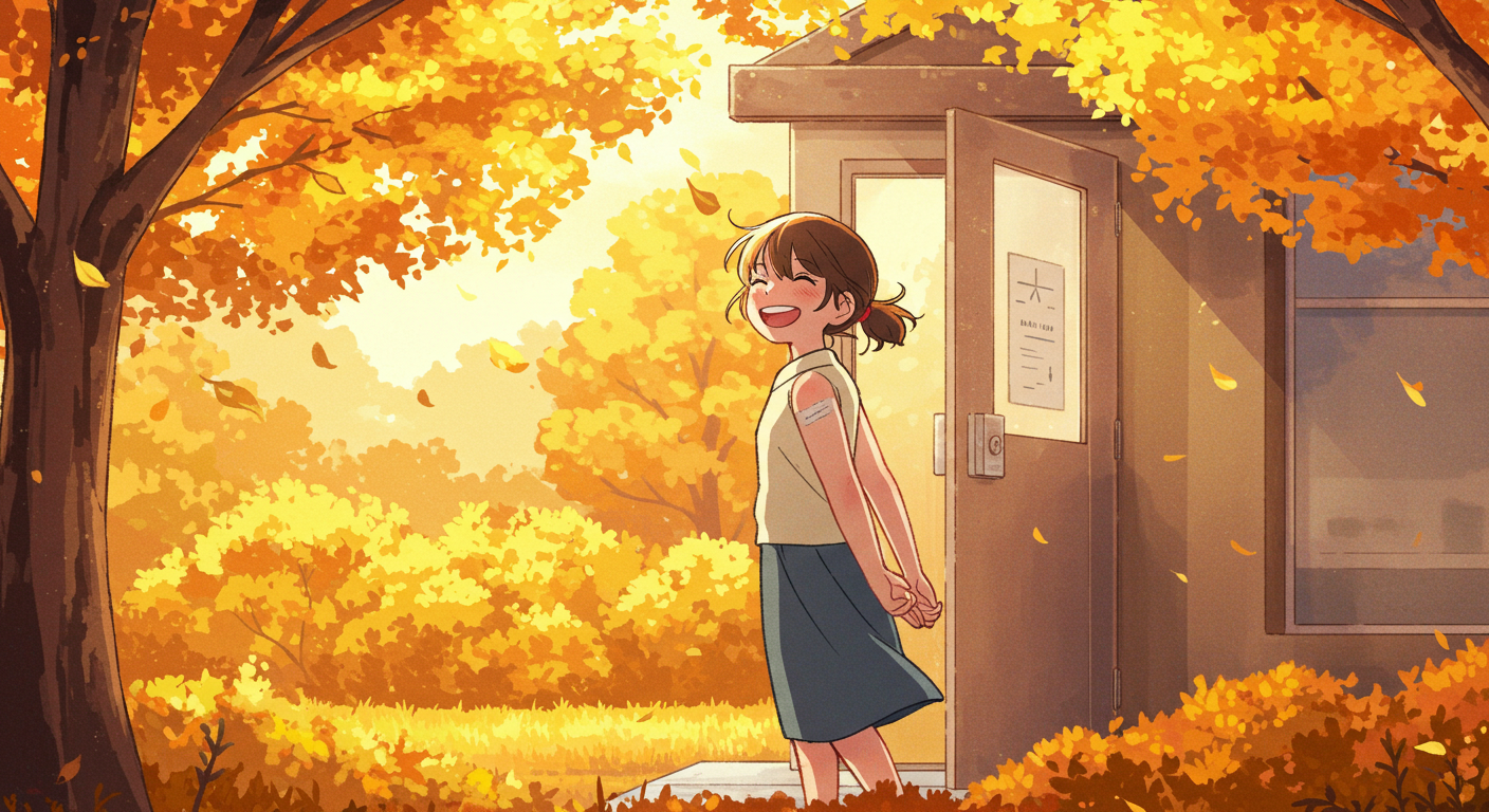 예방접종 후 보건소에서 나오는 사람의 미소