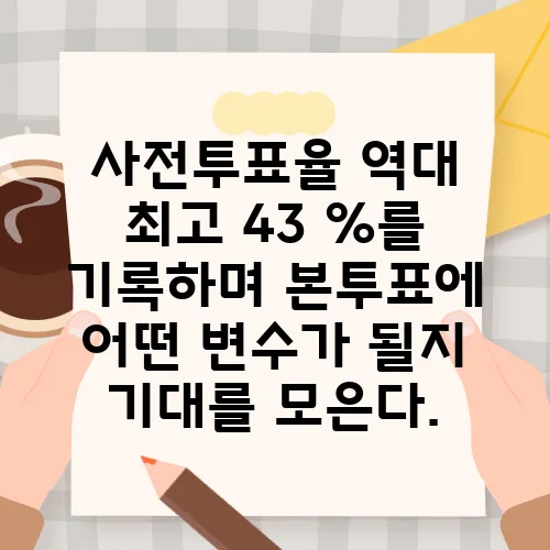 사전투표율 역대 최고 43 %를 기록하며 본투표에 어떤 변수가 될지 기대를 모은다.