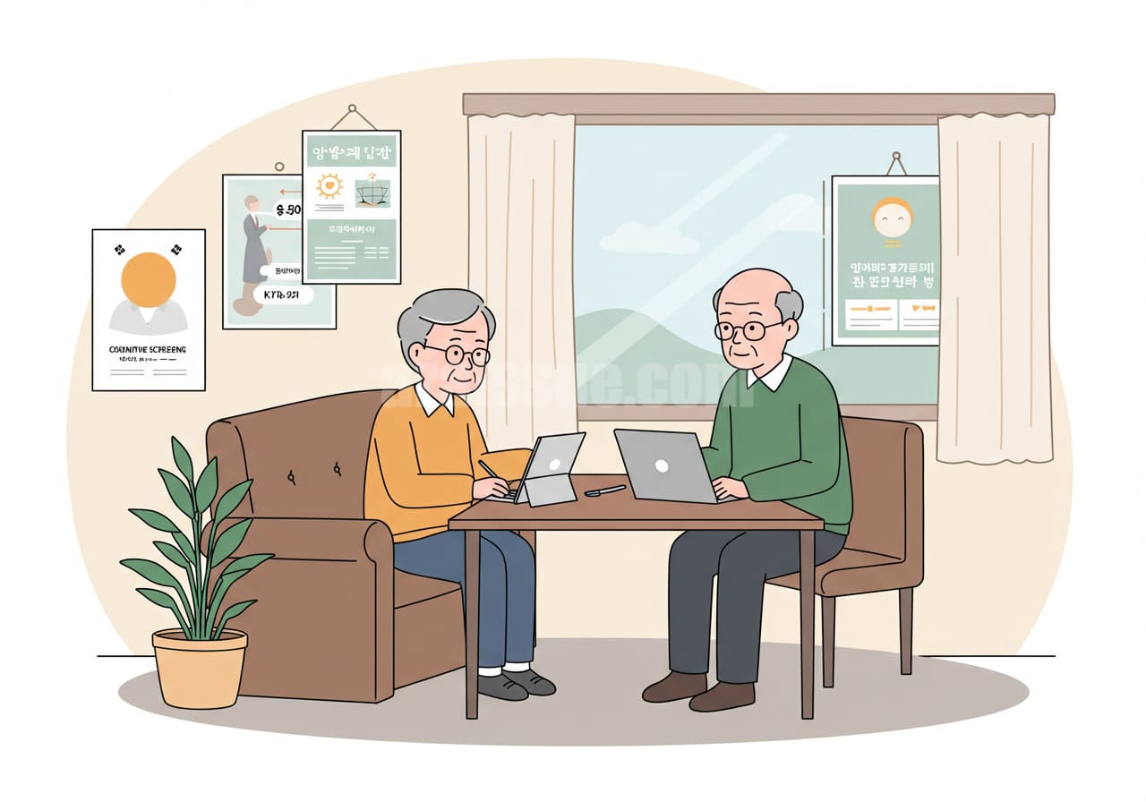 복지센터 내부에서 인지기능 상담을 받는 한국 노년 남성을 묘사한 평면 벡터 일러스트.
포스터와 창문, 간단한 가구가 있는 실내 배경이 포함되어 있으며, 파스텔 색감과 단순한 선화로 구성된 공공 캠페인 스타일입니다.