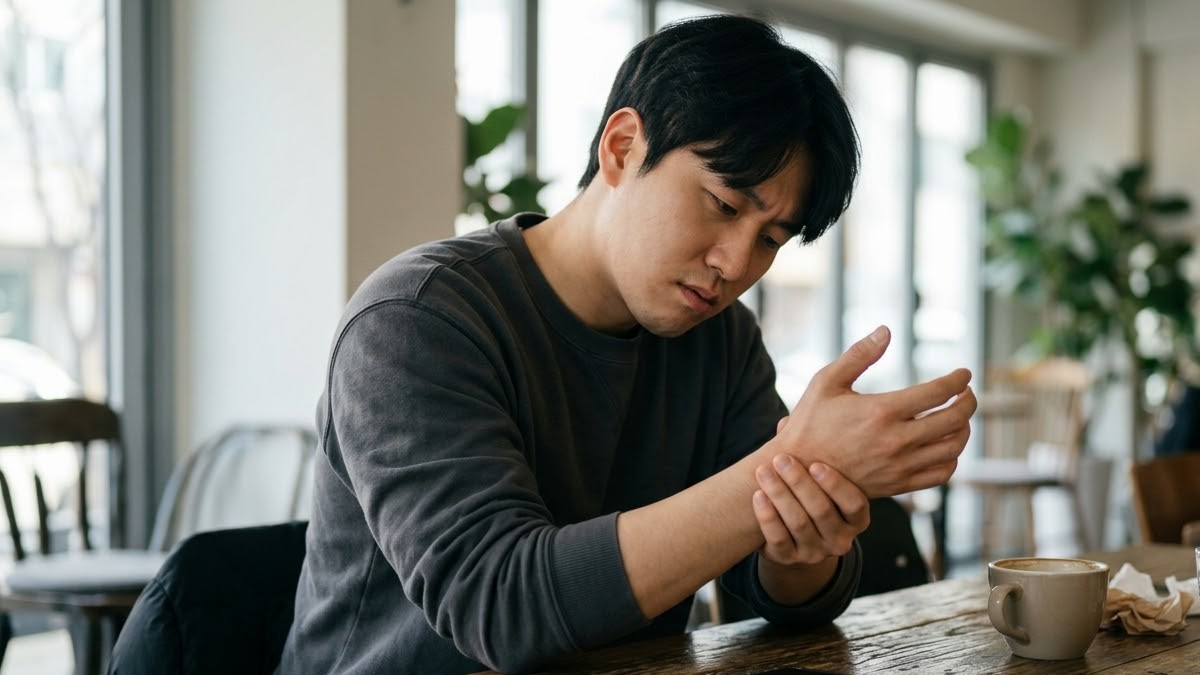 스마트폰을 내려놓고 엄지 아래 손목을 주무르는 남성
