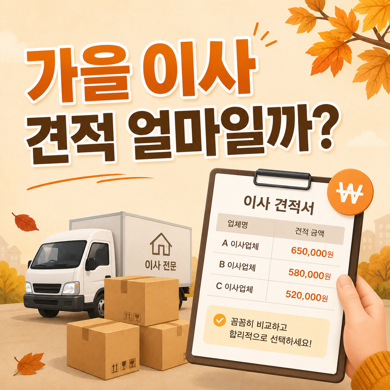 가을 이사 견적과 포장이사 비용 방문견적을 비교하는 모습