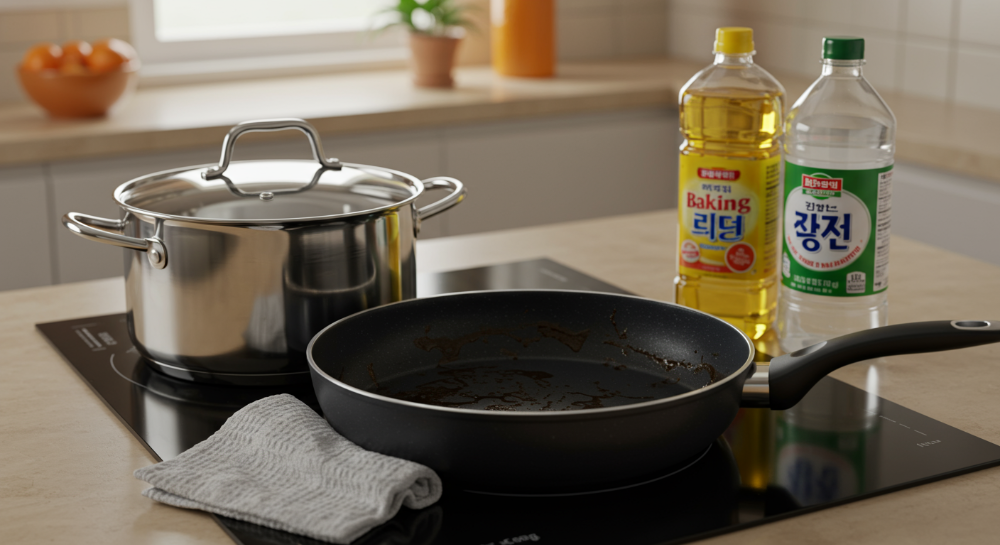 새로 세척한 깨끗한 주방용품과 연마제 제거에 사용되는 식용유, 베이킹소다, 식초가 놓여 있는 모습.