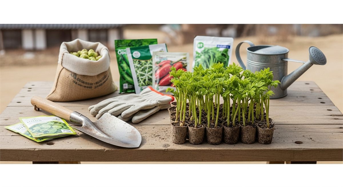 삽과 장갑, 묘목으로 식재 준비를 상징한 장면