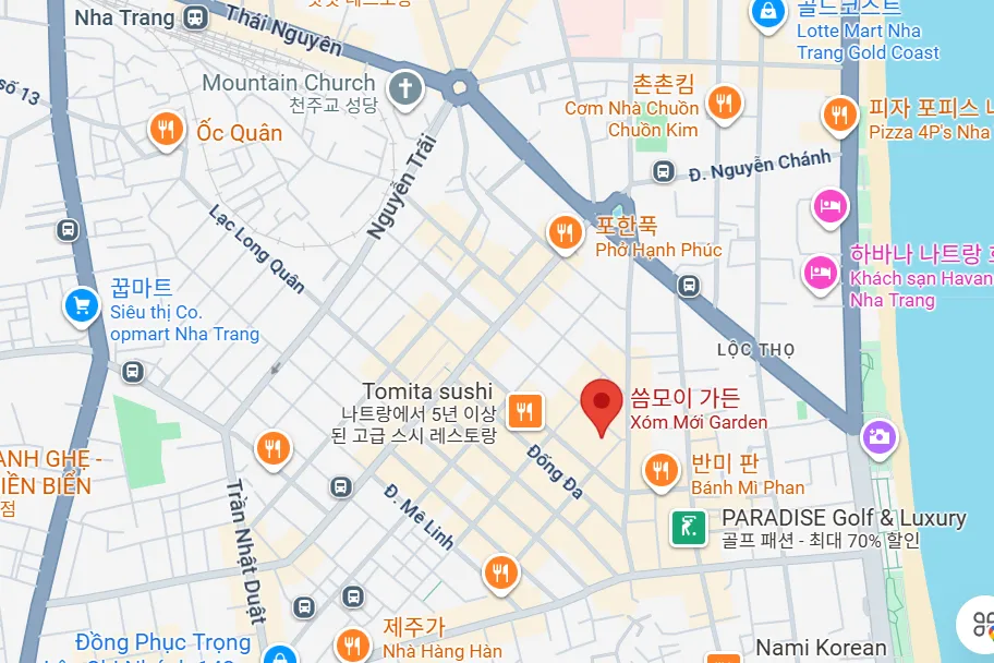 나트랑 시내 중심 쏨모이 가든 위치 지도