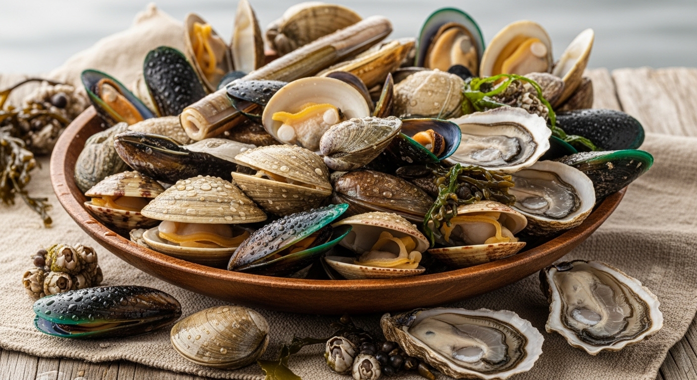 나무 그릇에 담긴 신선한 조개와 홍합, 굴 등 다양한 해산물. 1621년 추수감사절 만찬에 해산물이 풍부했음을 보여주는 이미지.