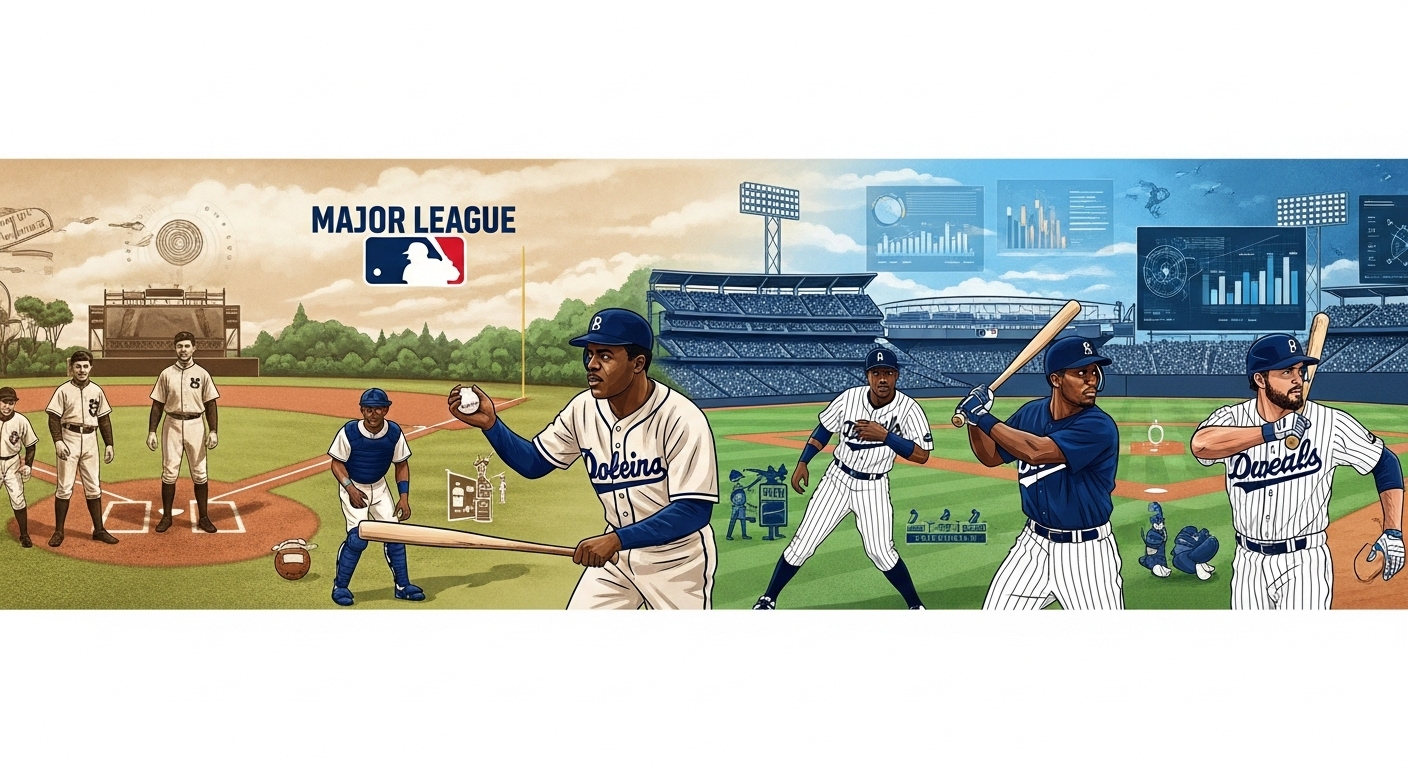 메이저리그 초창기 모습부터 현대에 이르기까지 야구의 역사적 발전을 보여주는 파노라마 일러스트