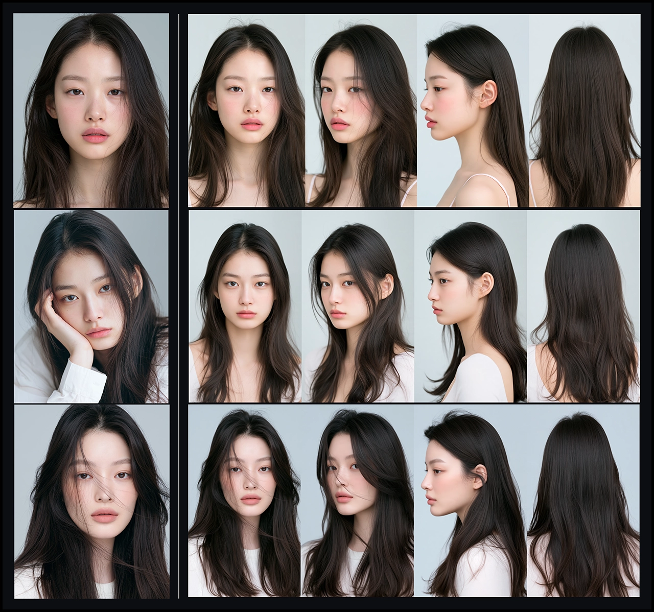여성 모델의 얼굴과 헤어를 정면·3쿼터·측면·후면으로 생성한 헤드·숄더 시트