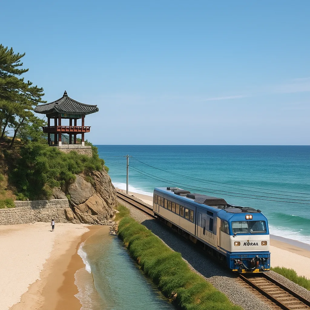 경포대 앞을 달리는 동해 바다열차의 풍경