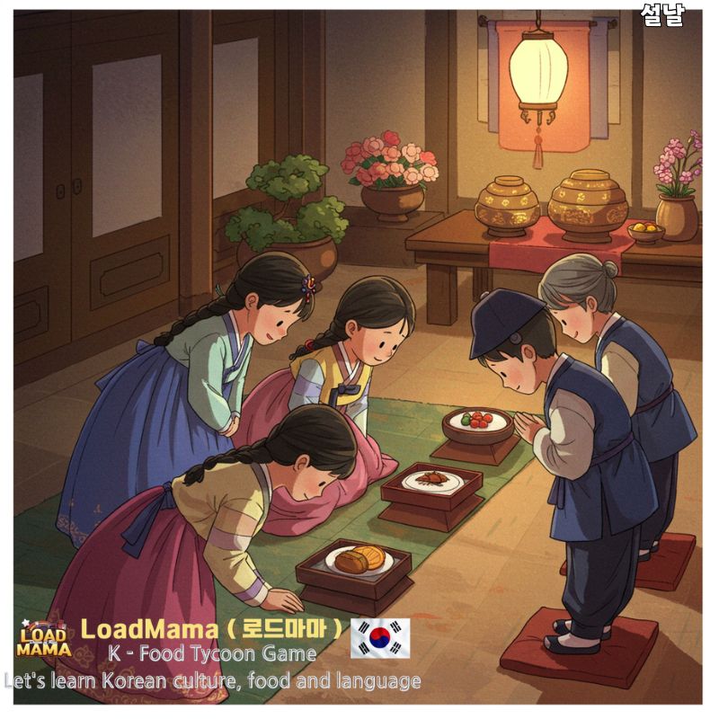 설날, 한국 음력 설, 떡국, 전, 과일 등 전통 음식이 차려진 상차림